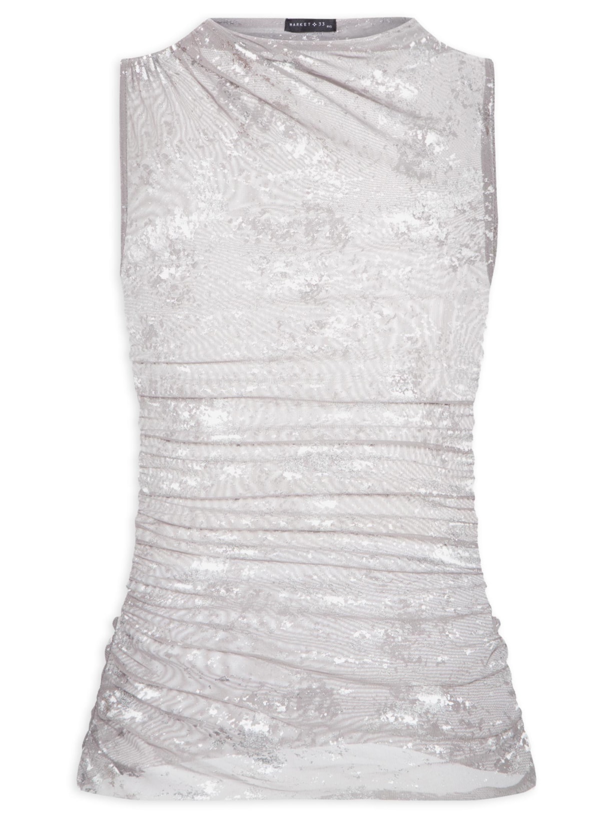 Blusa Feminina Sem Manga Com Drapeados E Detalhes Em Foil - Cinza