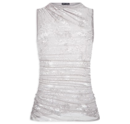 Blusa Feminina Sem Manga Com Drapeados E Detalhes Em Foil - Cinza