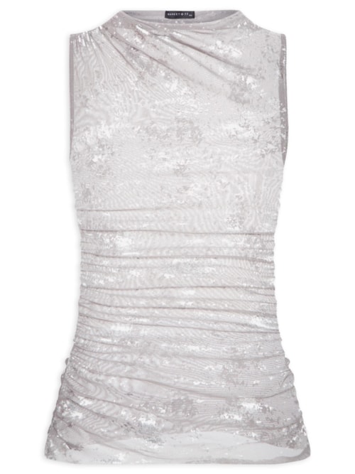 Blusa Feminina Sem Manga Com Drapeados E Detalhes Em Foil - Cinza