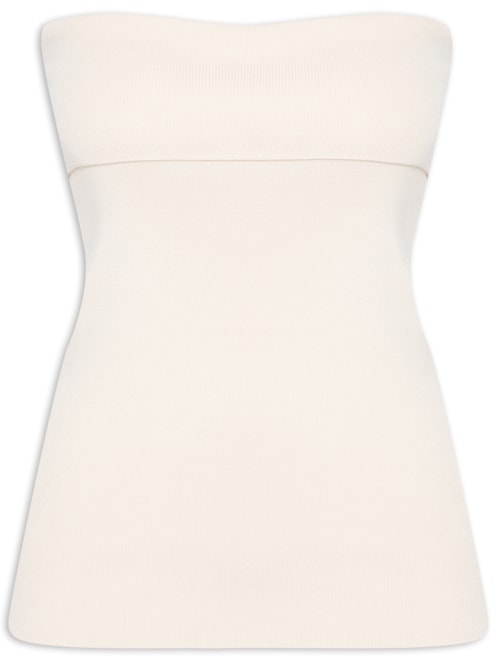 Blusa Feminina Sem Manga Em Tricot Com Sobreposição No Decote - Bege