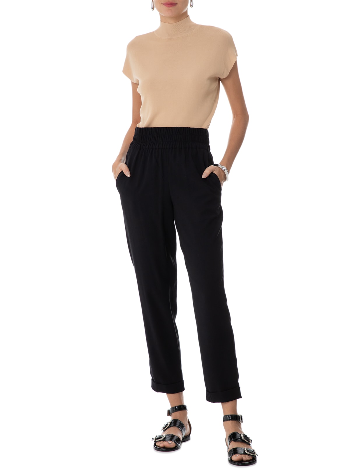 Blusa Feminina Sem Manga Gola Alta Tricot Bege '2Essential