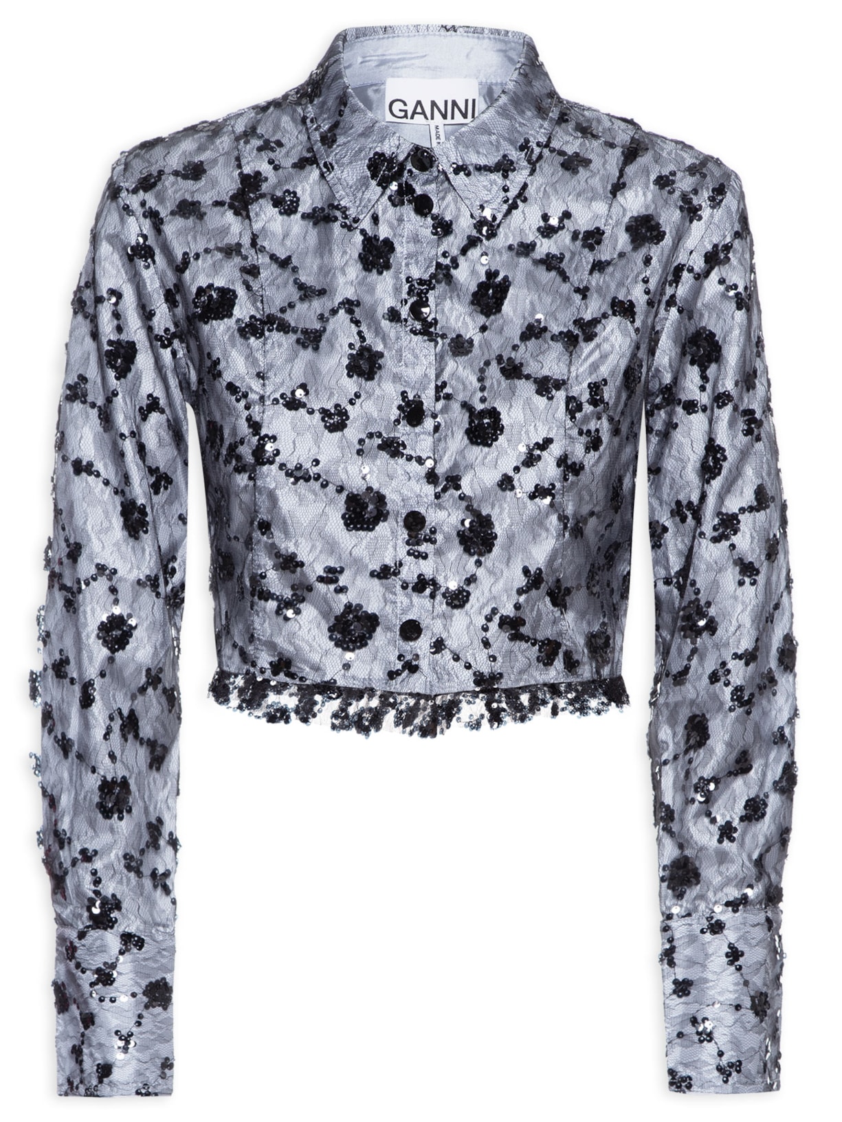 Blusa Feminina Sequin Lace Cropped Shirt - Cinza