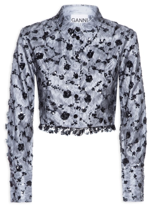 Blusa Feminina Sequin Lace Cropped Shirt - Cinza