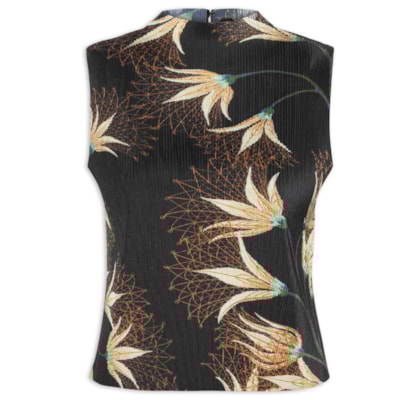 Blusa Feminina Sleeveless Plissê Floral – Preto