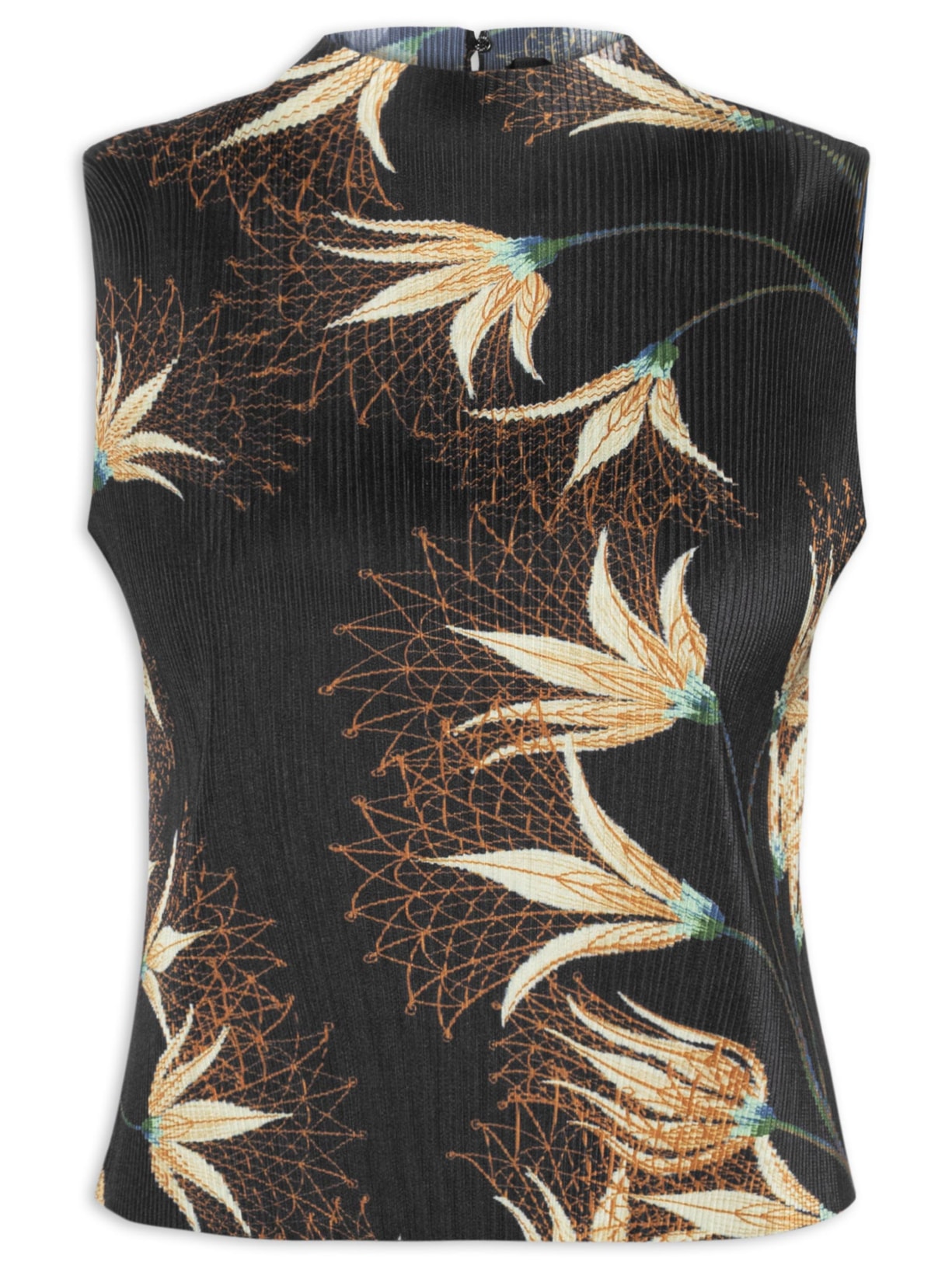 Blusa Feminina Sleeveless Plissê Floral – Preto