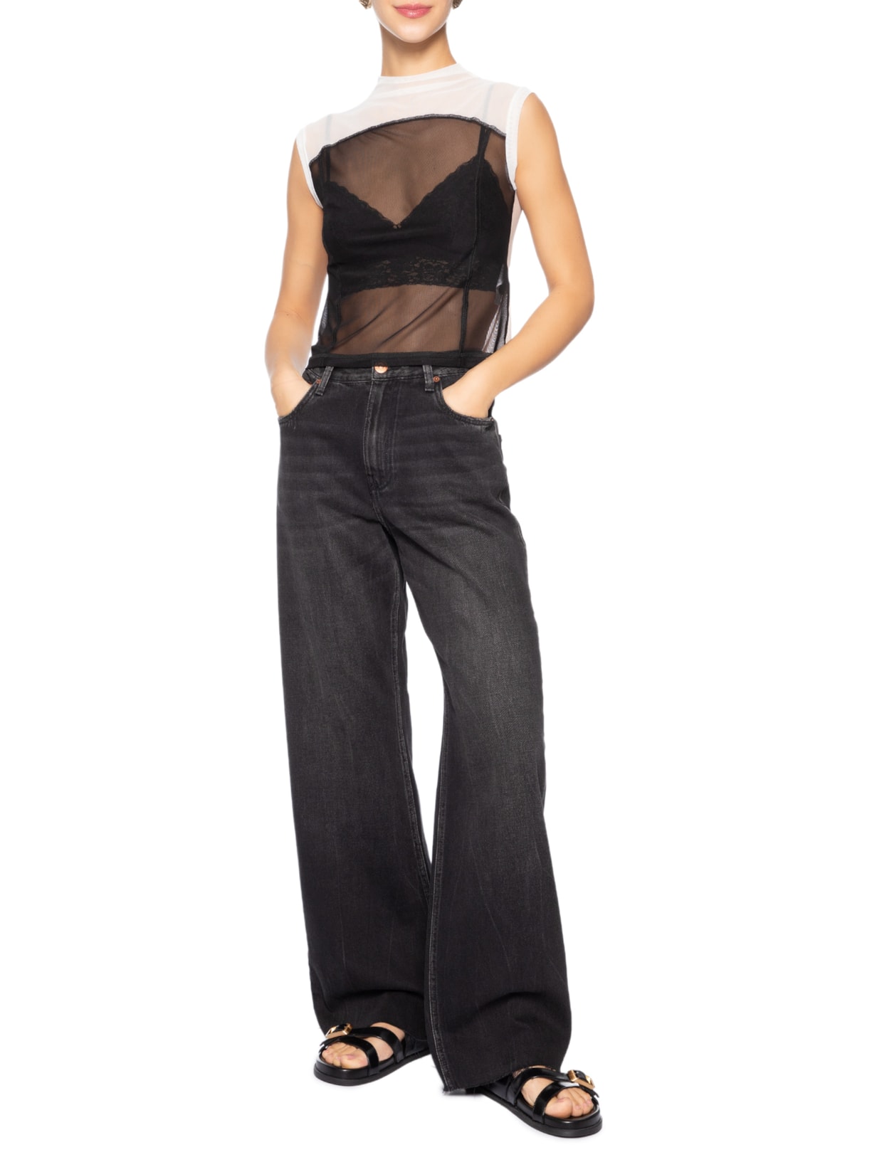 Blusa Feminina Sleeveless Tule Recortes Preto Osklen