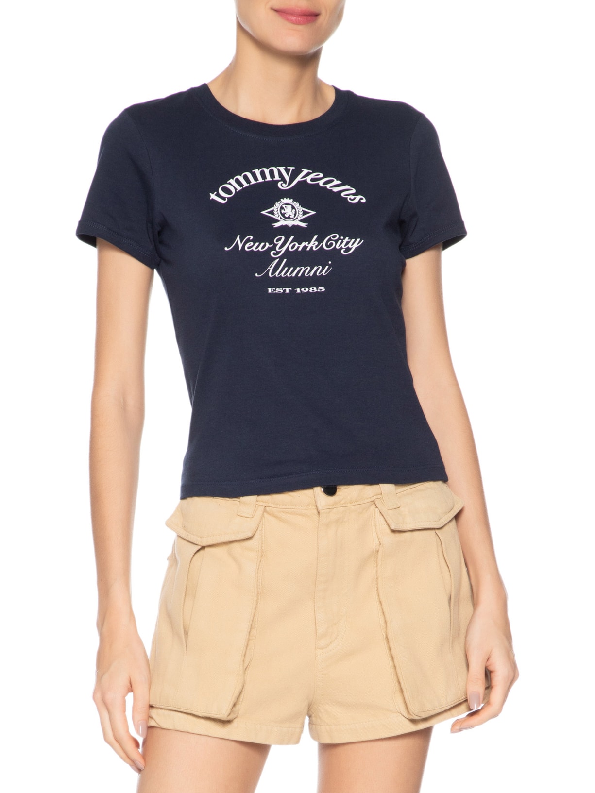 Blusa Feminina Slim Crest Ringer Tee Azul Tommy Jeans