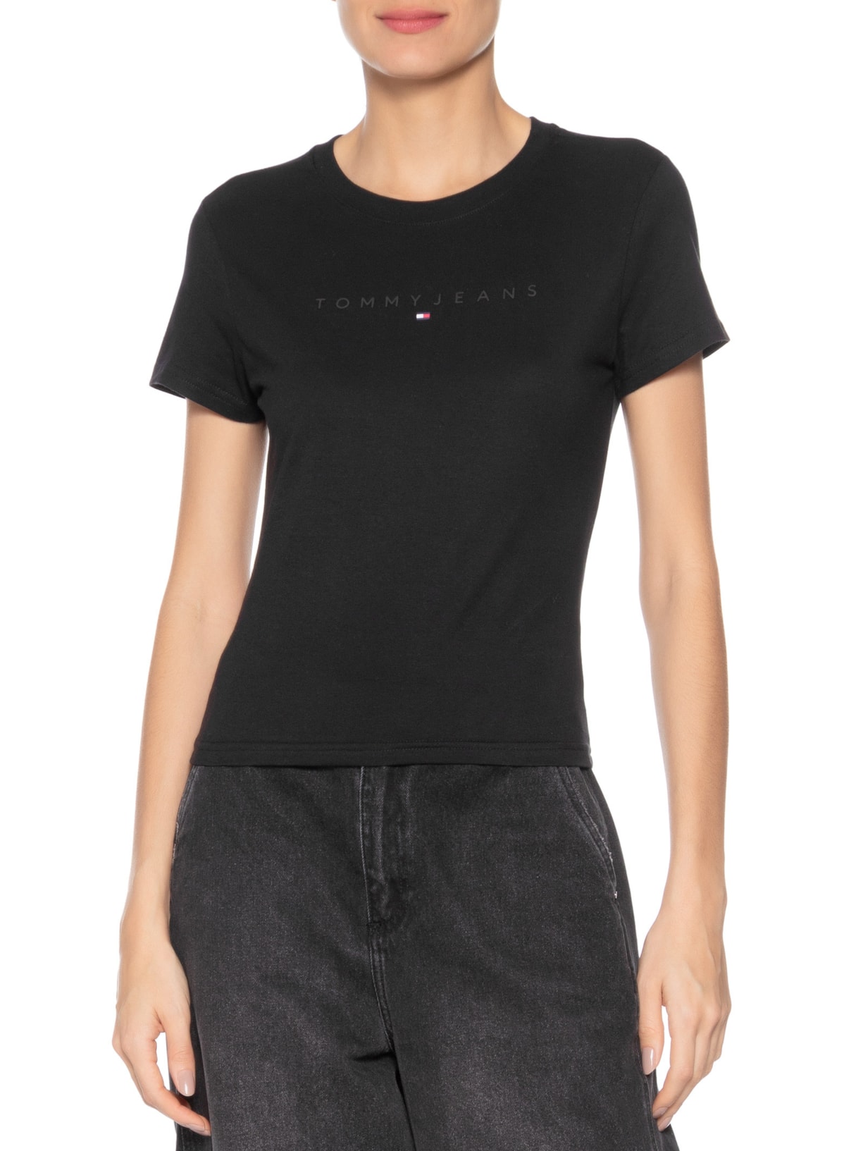 Blusa Feminina Slim Tonal Linear Tee Next Preto Tommy Jeans