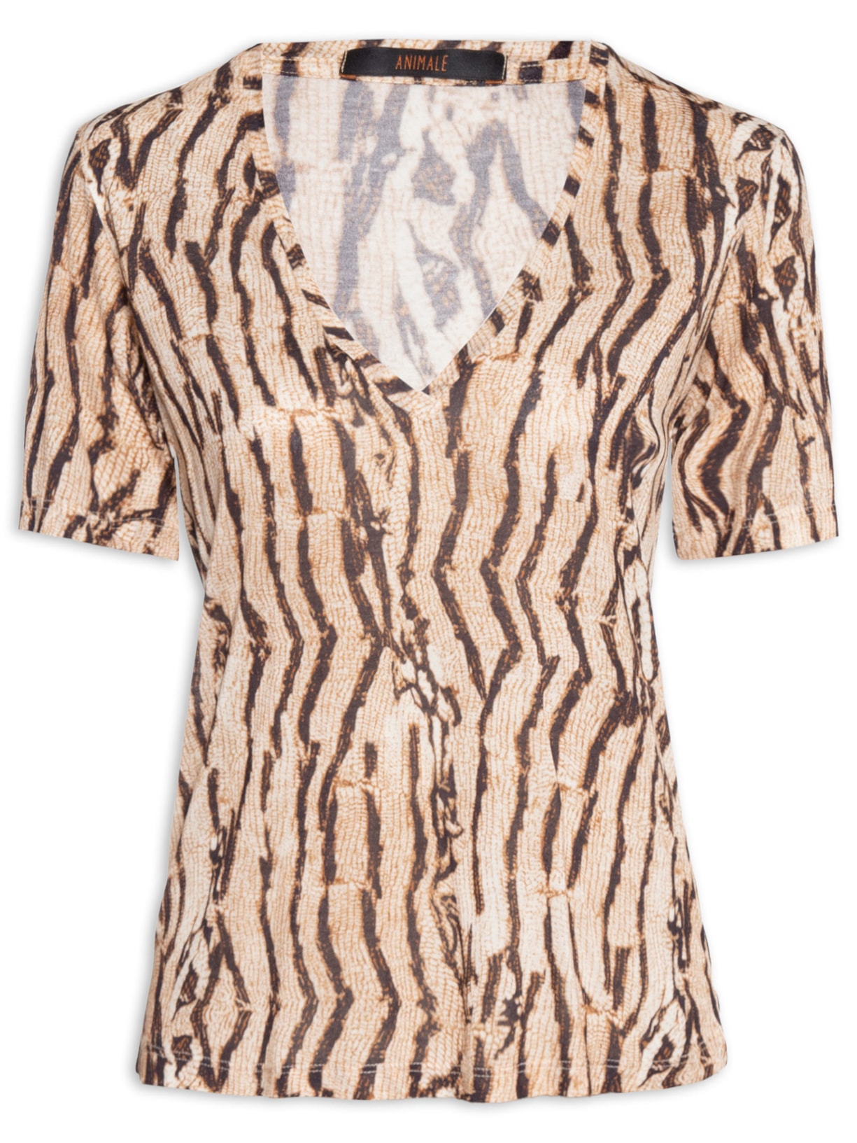 Blusa Feminina Tee Decote V Manga Curta Cobra Vintage Marrom Animale
