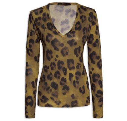 Blusa Feminina Tee Decote V Manga Longa Onça Sombra - Animal Print