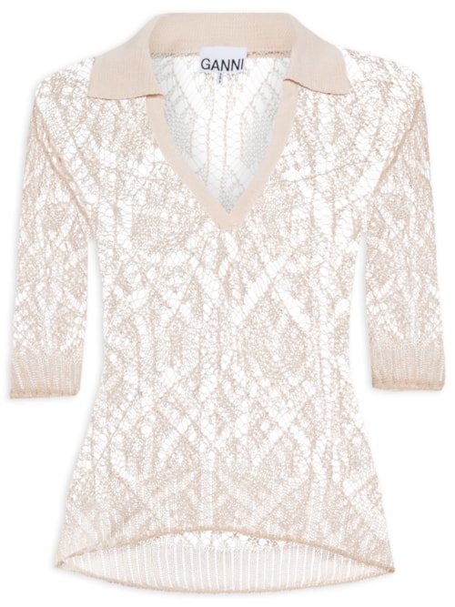 Blusa Feminina Thin Cotton Lace Short Sleeve Polo - Bege
