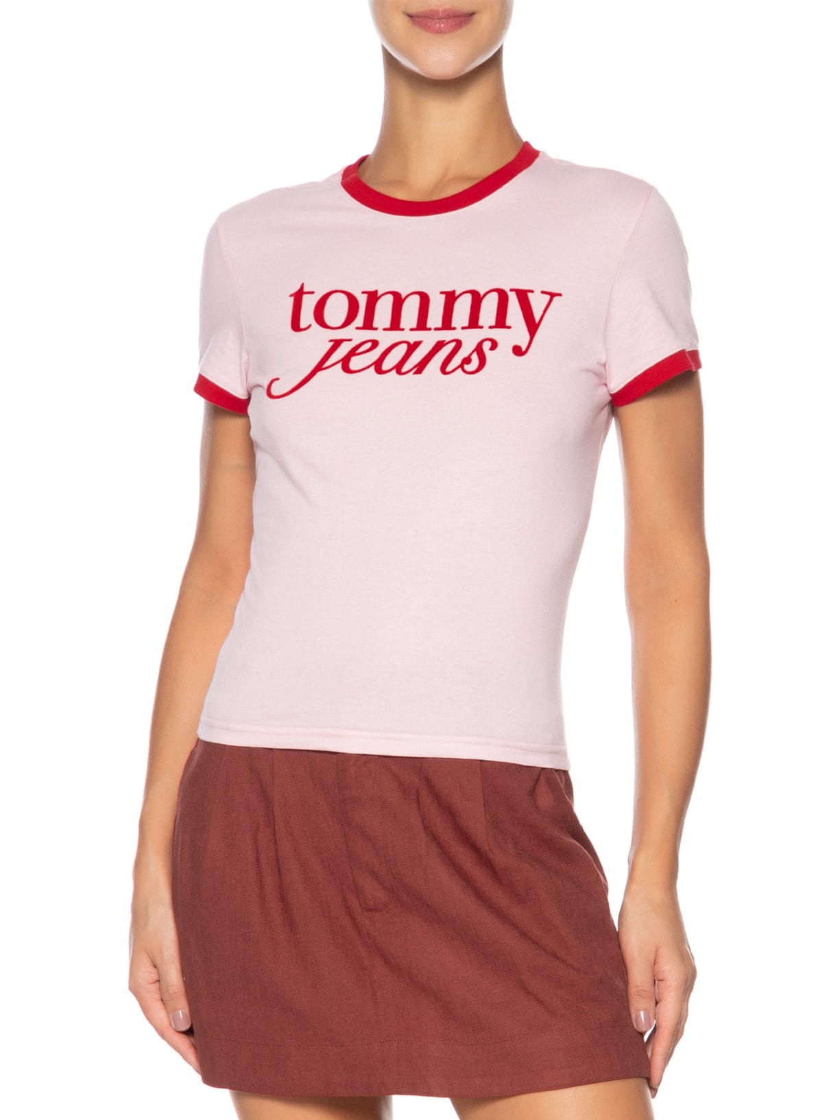 Blusa Feminina Tjw Slim Sh Script Ringr Tee Ext Rosa Tommy Jeans