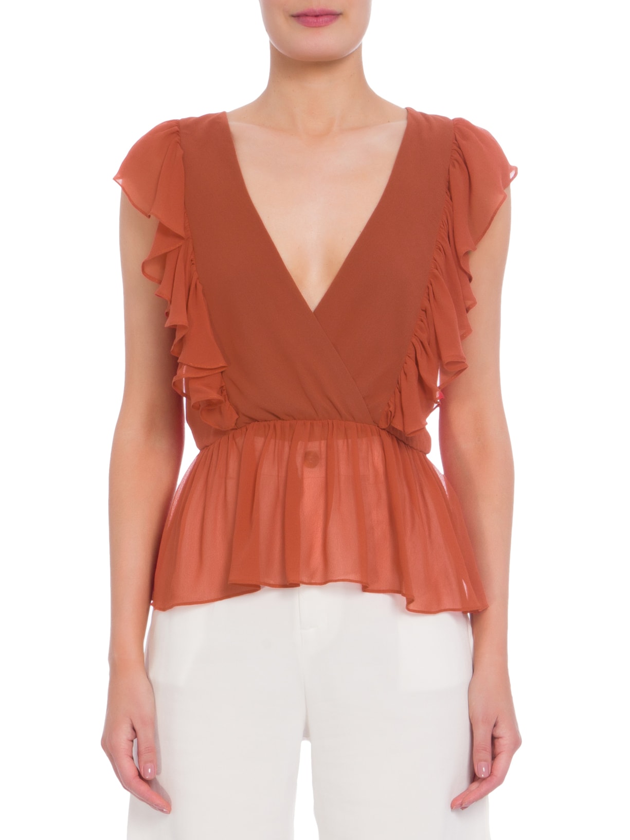 Blusa Feminina Transpassada Decote V Com Babados De Seda Pura Vermelho '2Essential