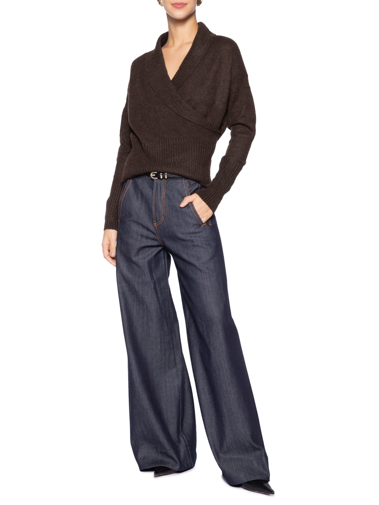 Blusa Feminina Transpassada em Tricot Marrom '2Essential