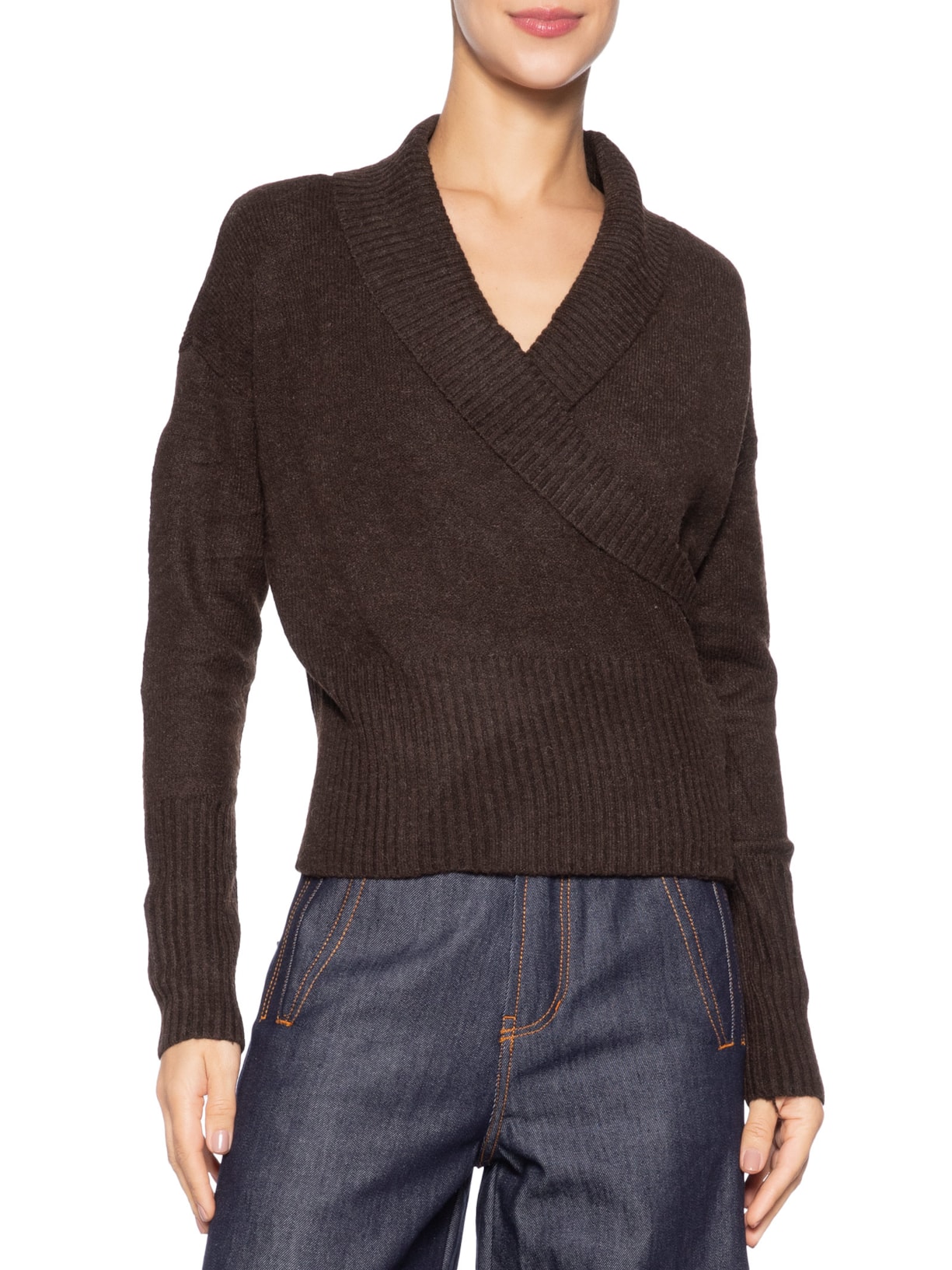 Blusa Feminina Transpassada em Tricot Marrom '2Essential