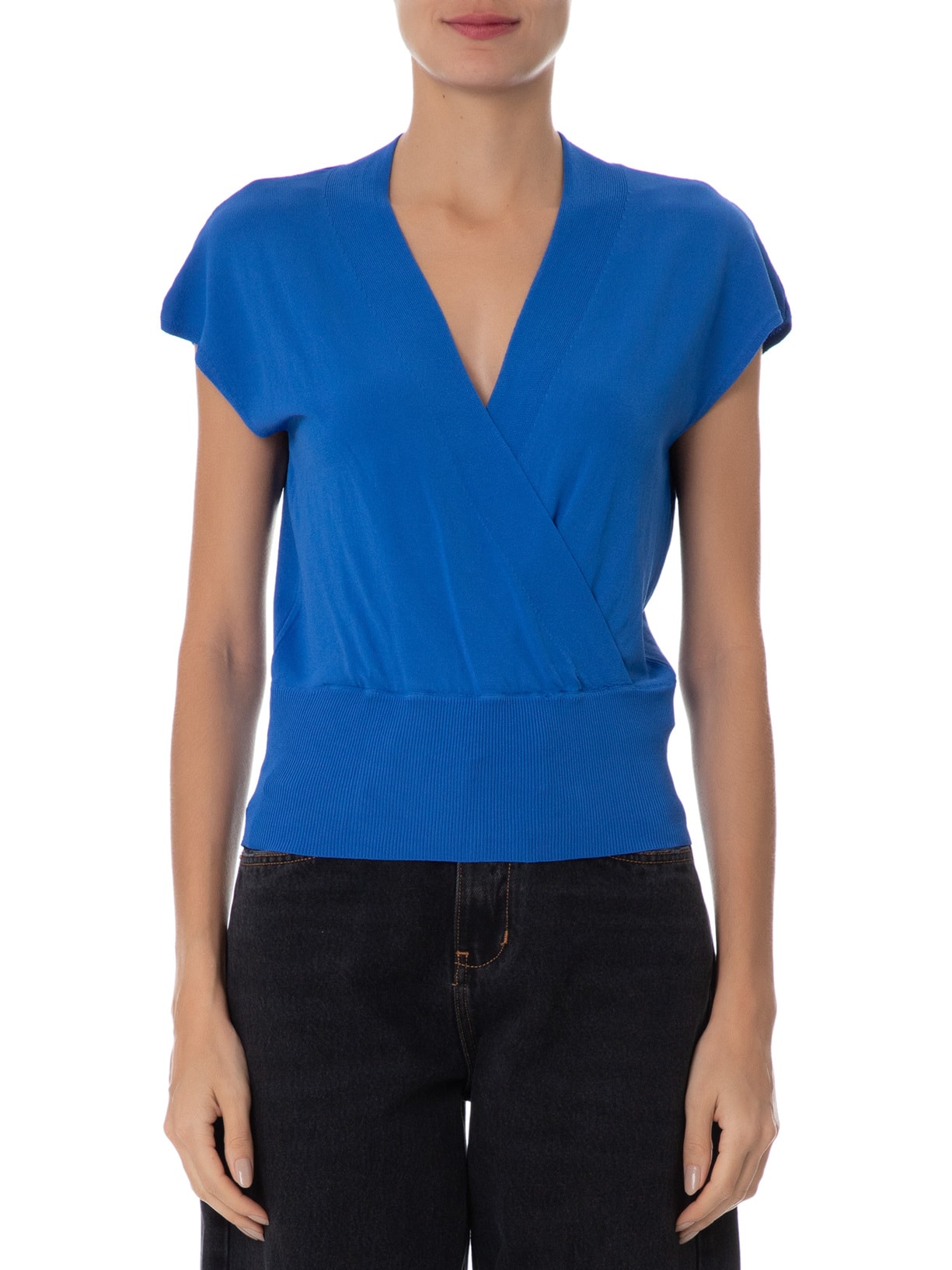 Blusa Feminina Transpassada Em Tricot Sem Manga Azul '2Essential