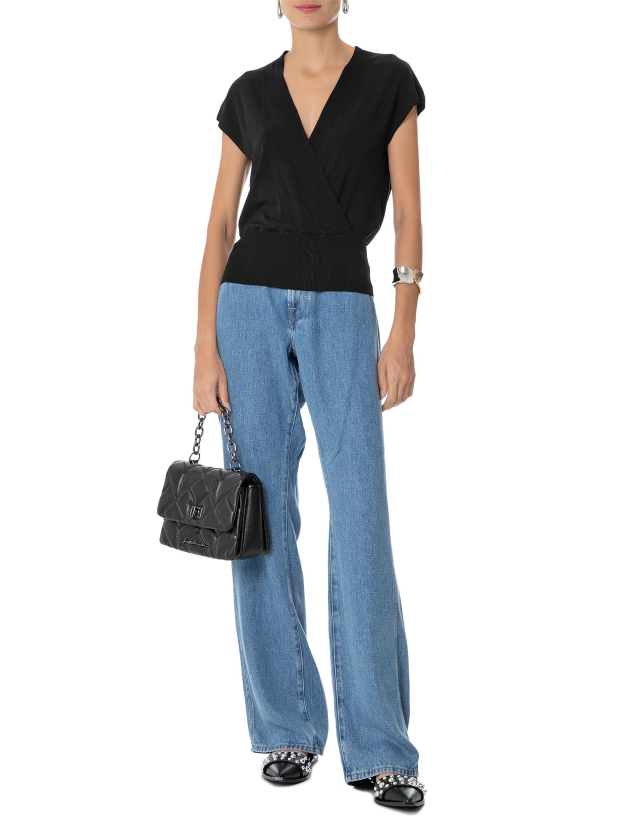 Blusa Feminina Transpassada Em Tricot Sem Manga Preto '2Essential