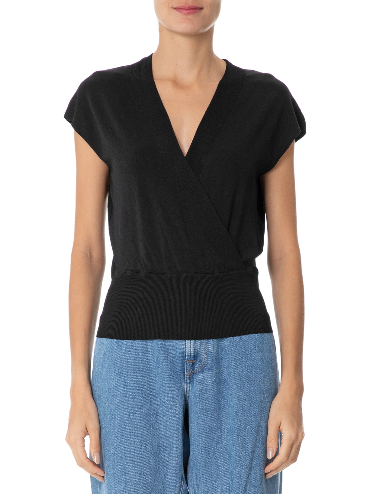 Blusa Feminina Transpassada Em Tricot Sem Manga Preto '2Essential