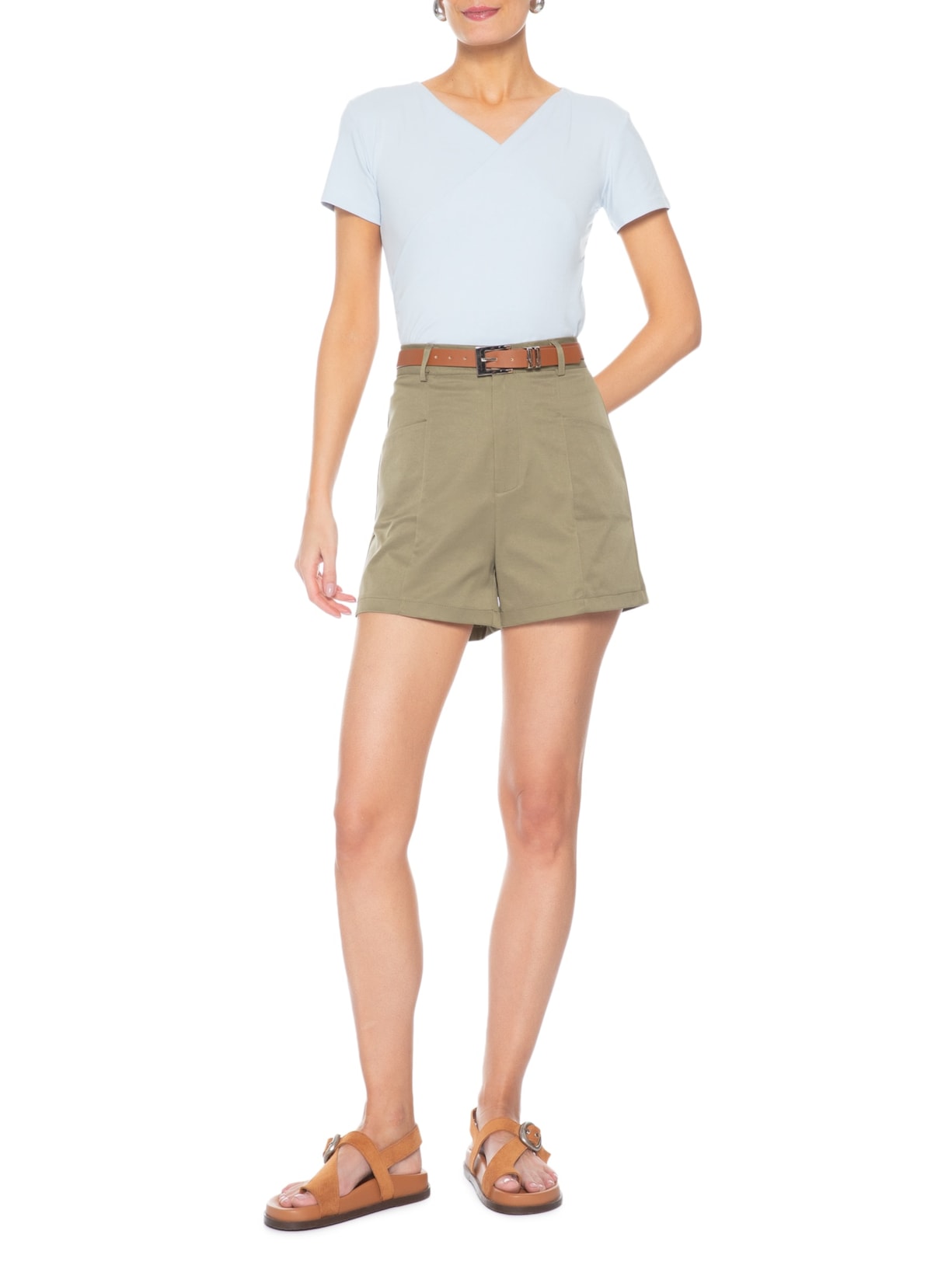 Blusa Feminina Transpassada Manga Curta Azul Basiq