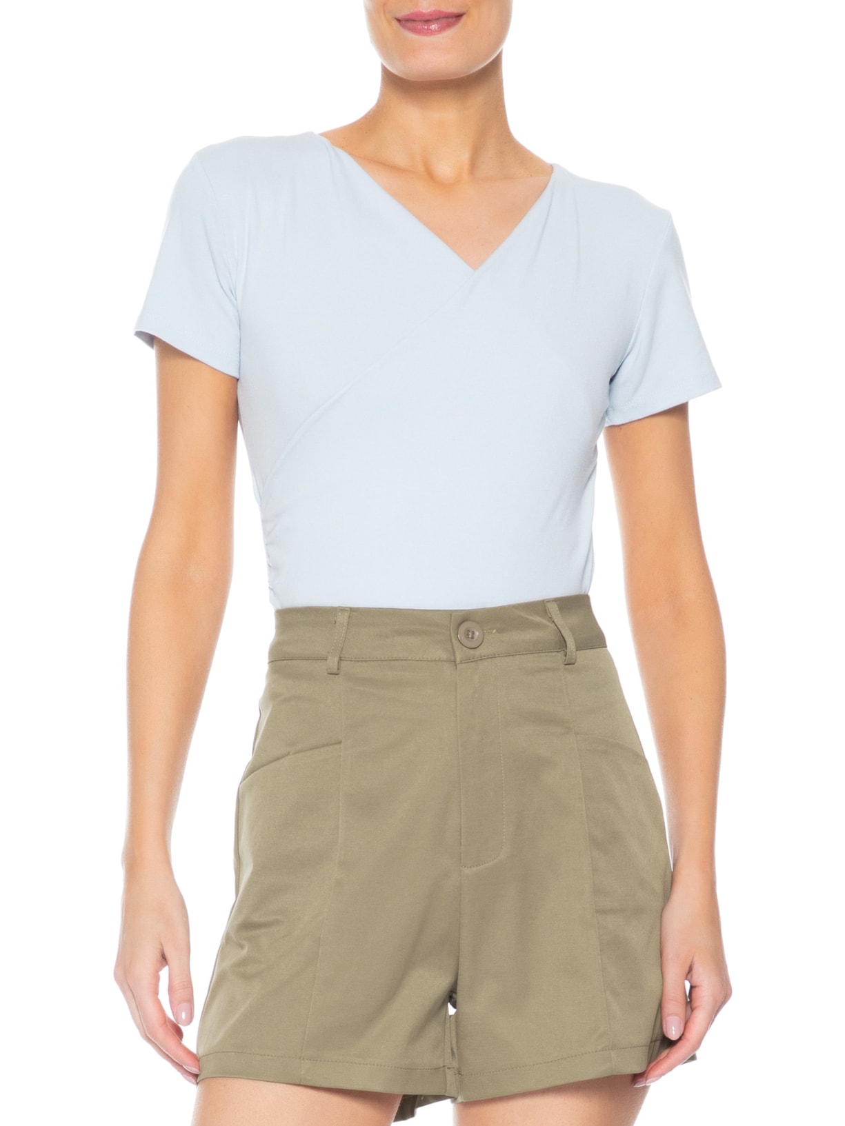 Blusa Feminina Transpassada Manga Curta Azul Basiq