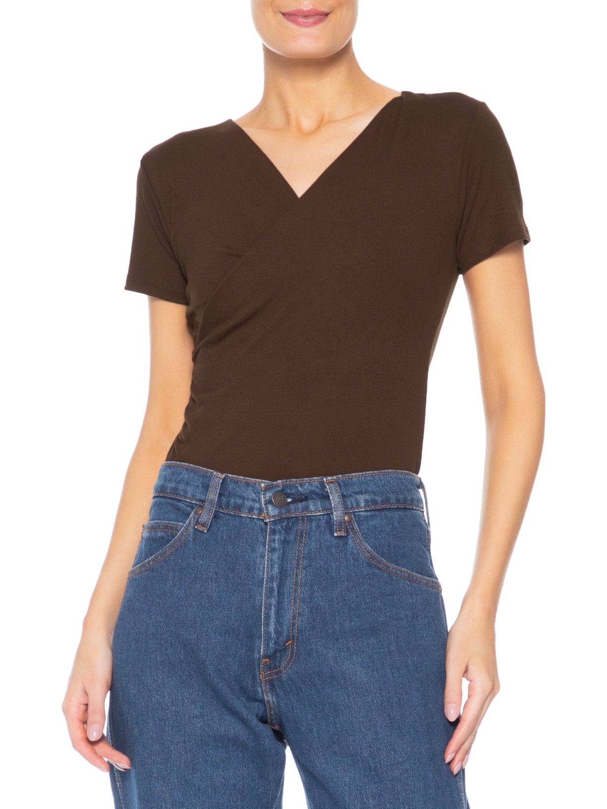 Blusa Feminina Transpassada Manga Curta Marrom Basiq