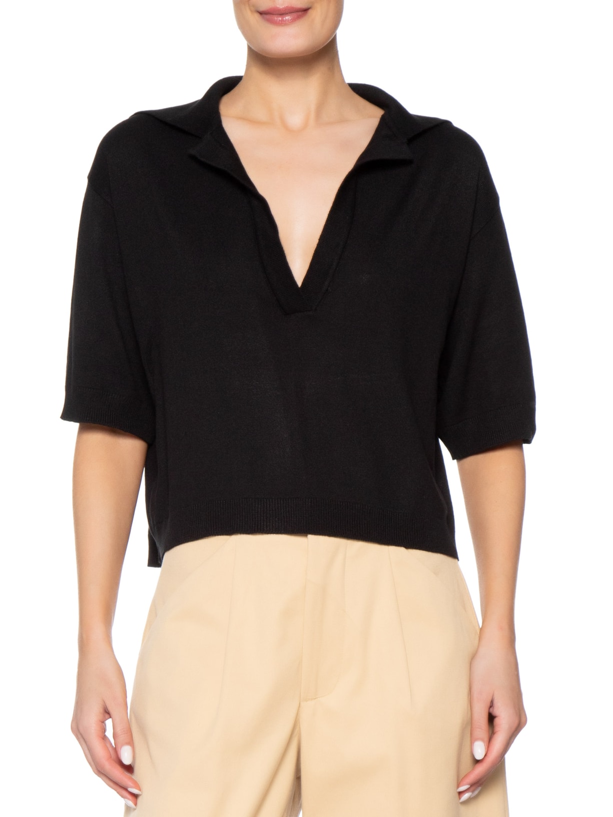 Blusa Feminina Tricô Gola Polo Manga Curta Preto Bo