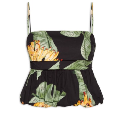 Blusa Feminina Tricoline Estampa Paraíso - Preto