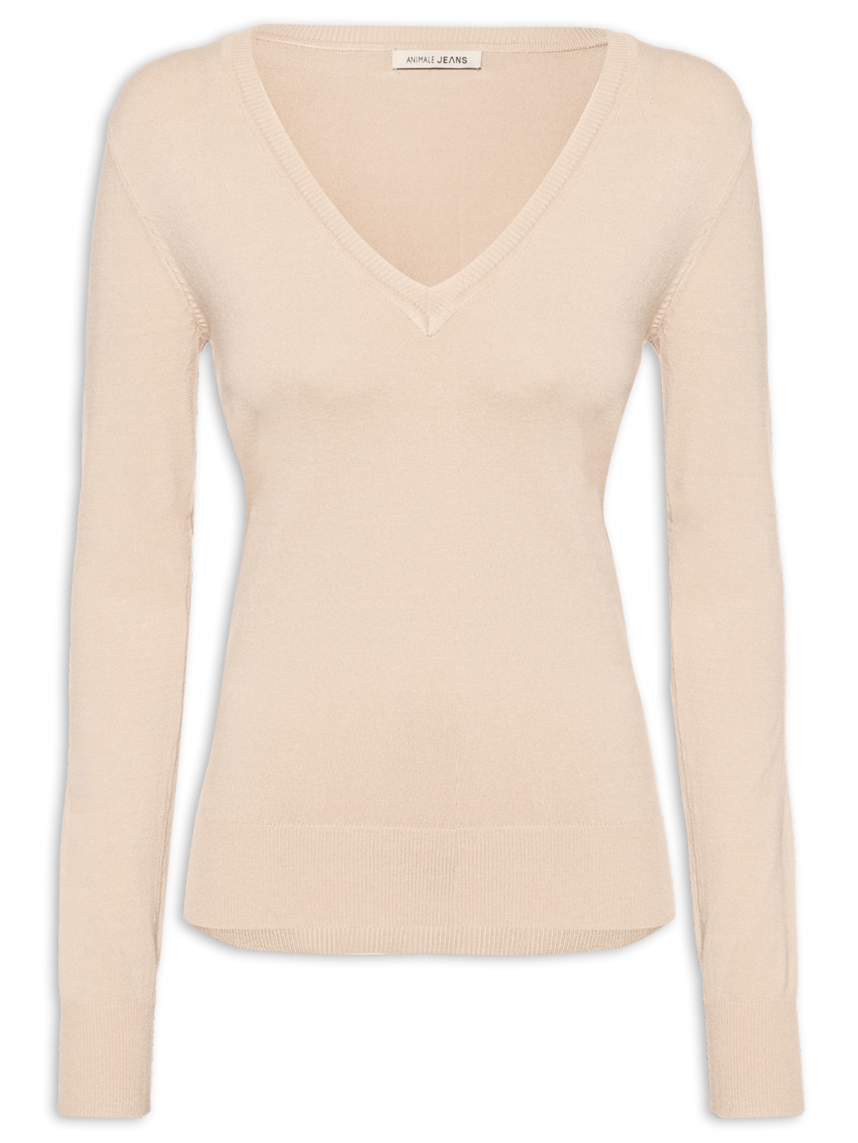 Blusa Feminina Tricot Básica Decote V Manga Longa - Bege