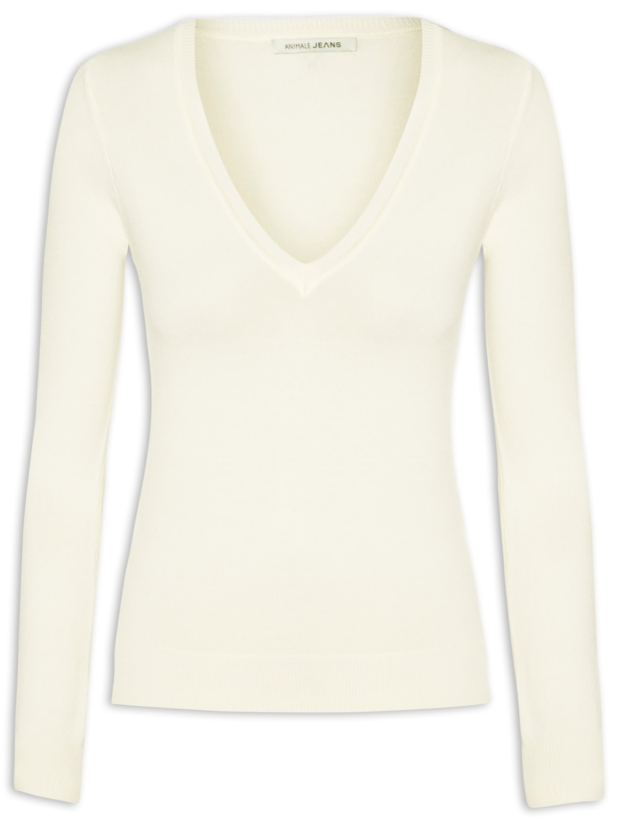 Blusa Feminina Tricot Básica Decote V Manga Longa - Bege