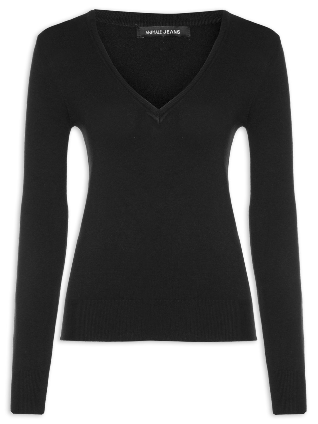 Blusa Feminina Tricot Básica Decote V Manga Longa - Preto
