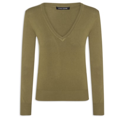 Blusa Feminina Tricot Básica Decote V - Verde