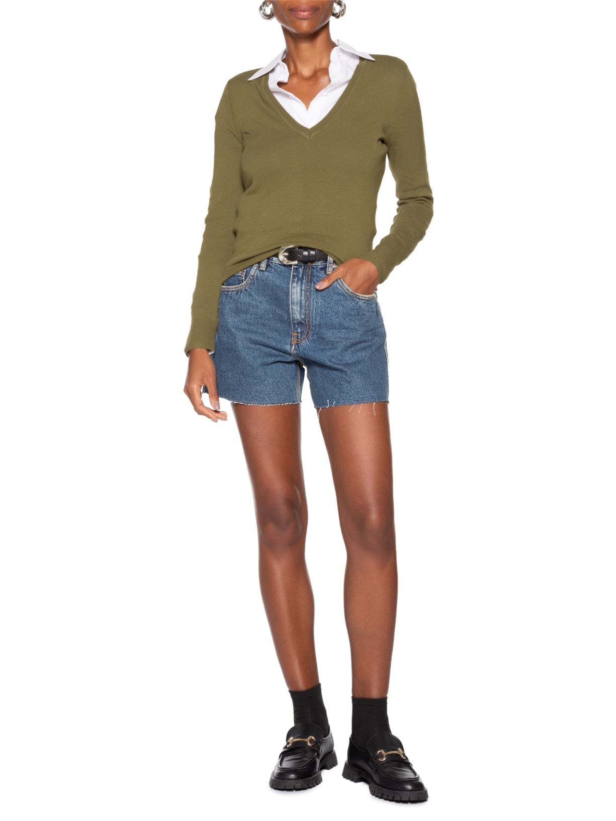 Blusa Feminina Tricot Básica Decote V Verde Animale Jeans