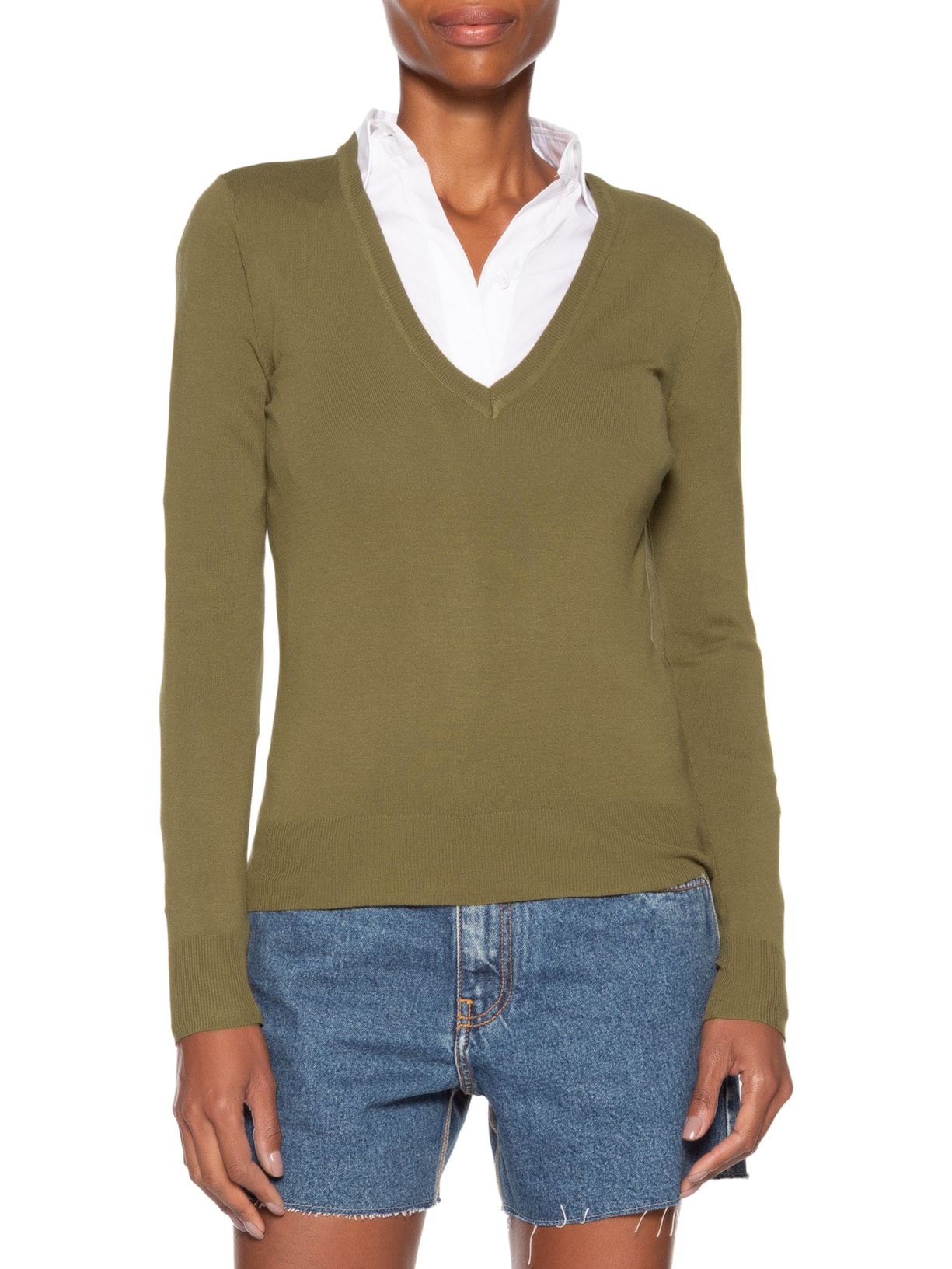 Blusa Feminina Tricot Básica Decote V Verde Animale Jeans