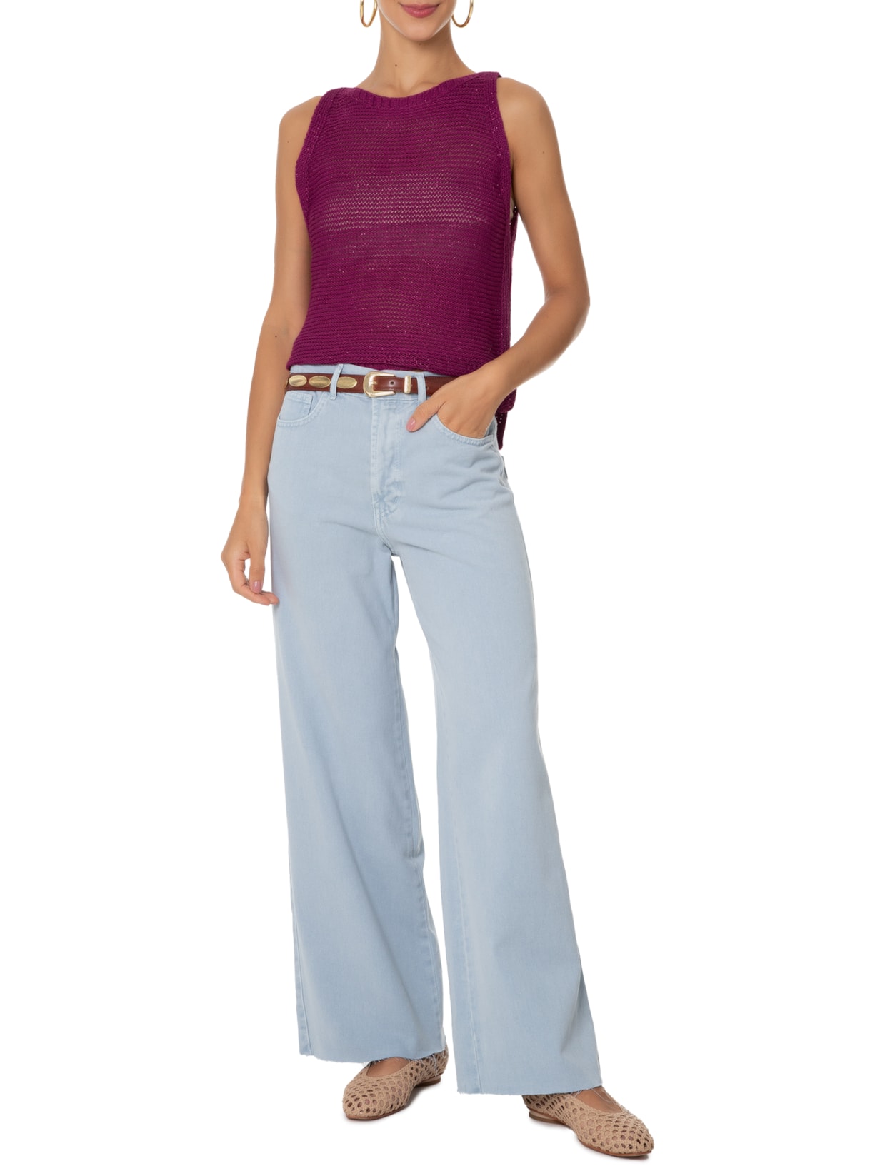 Blusa Feminina Tricot Básica Lurex Rosa Maria Filó