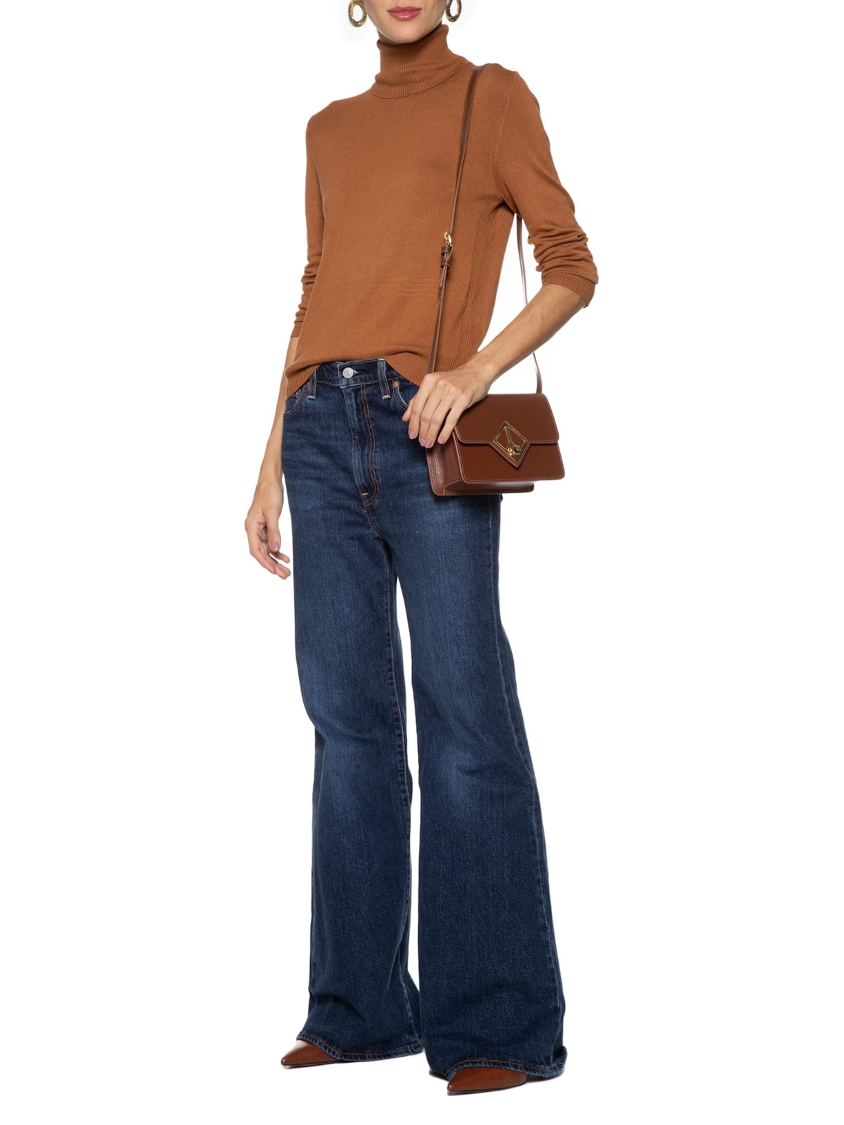 Blusa Feminina Tricot Básico Gola Alta Marrom  Shoulder