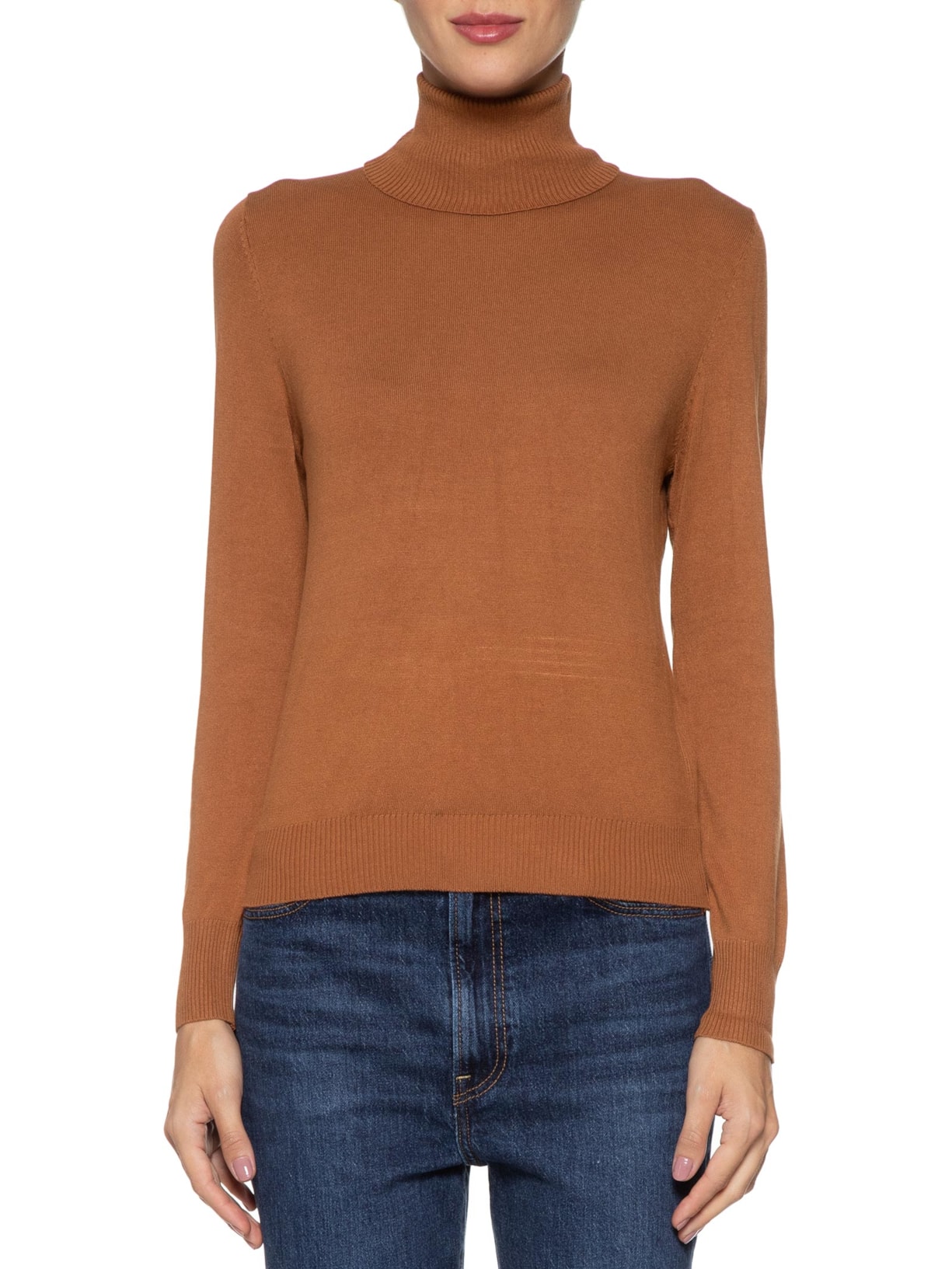 Blusa Feminina Tricot Básico Gola Alta Marrom  Shoulder