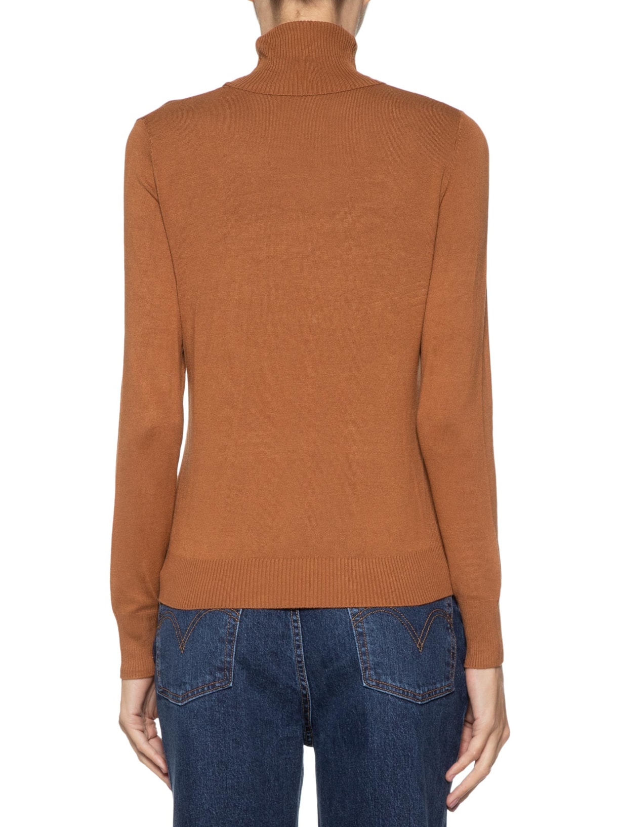 Blusa Feminina Tricot Básico Gola Alta Marrom  Shoulder