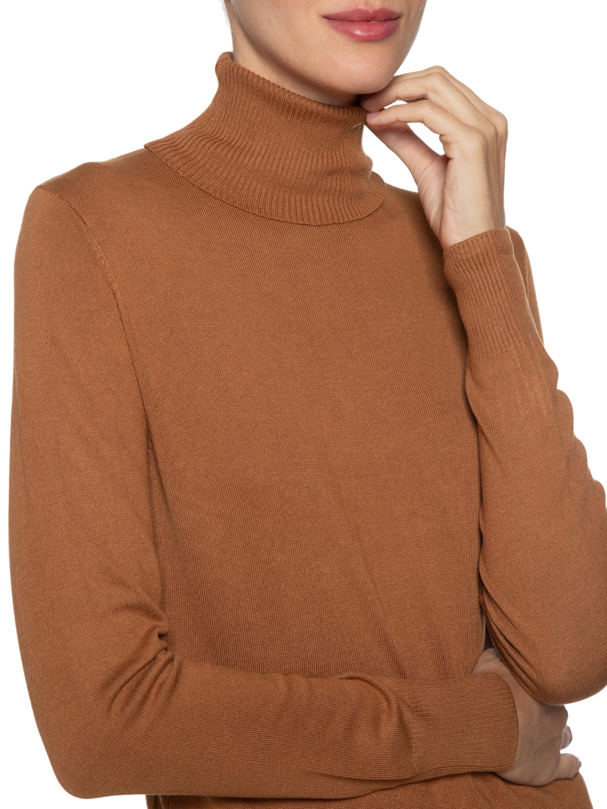 Blusa Feminina Tricot Básico Gola Alta Marrom  Shoulder