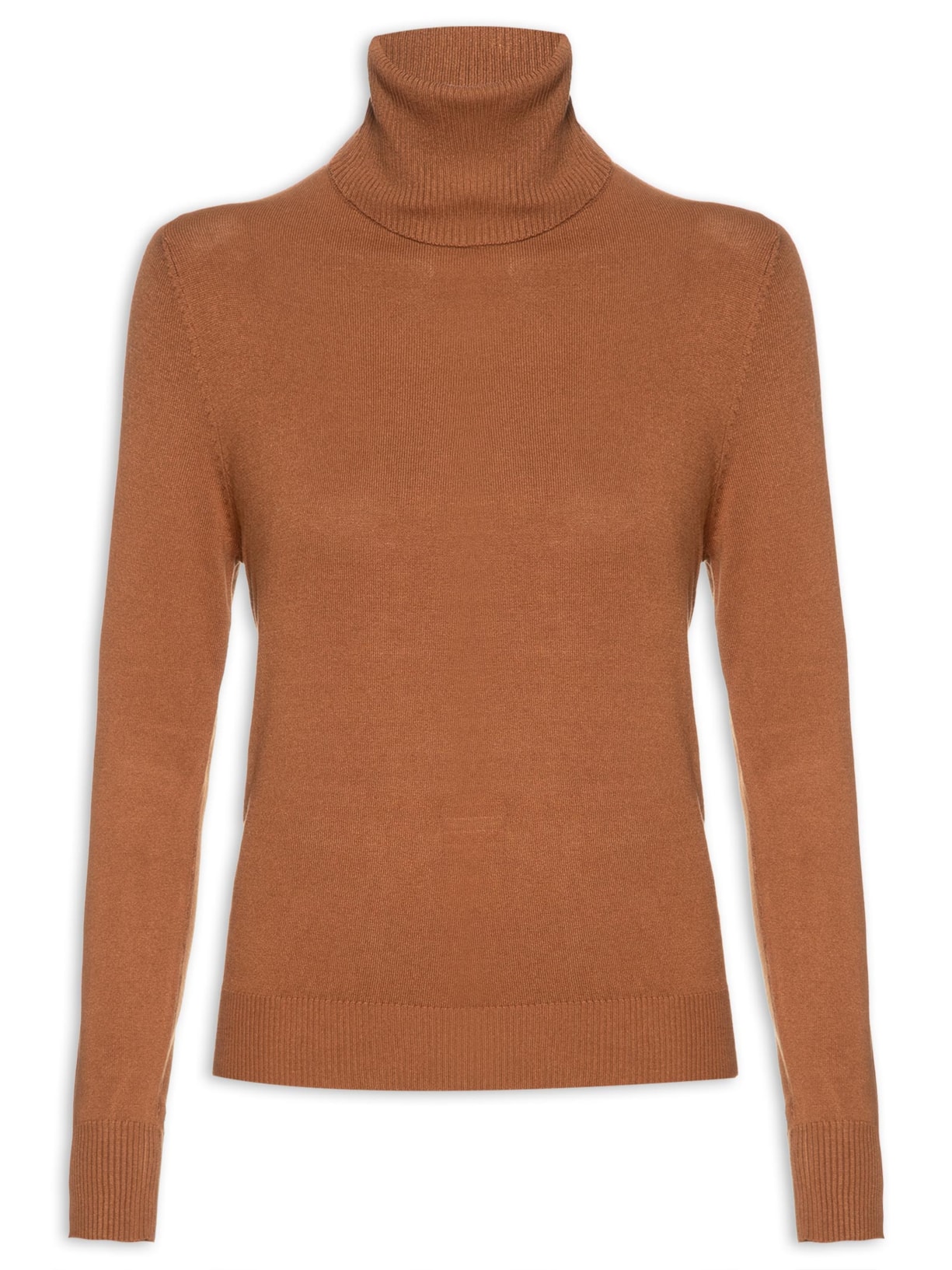 Blusa Feminina Tricot Básico Gola Alta Marrom  Shoulder