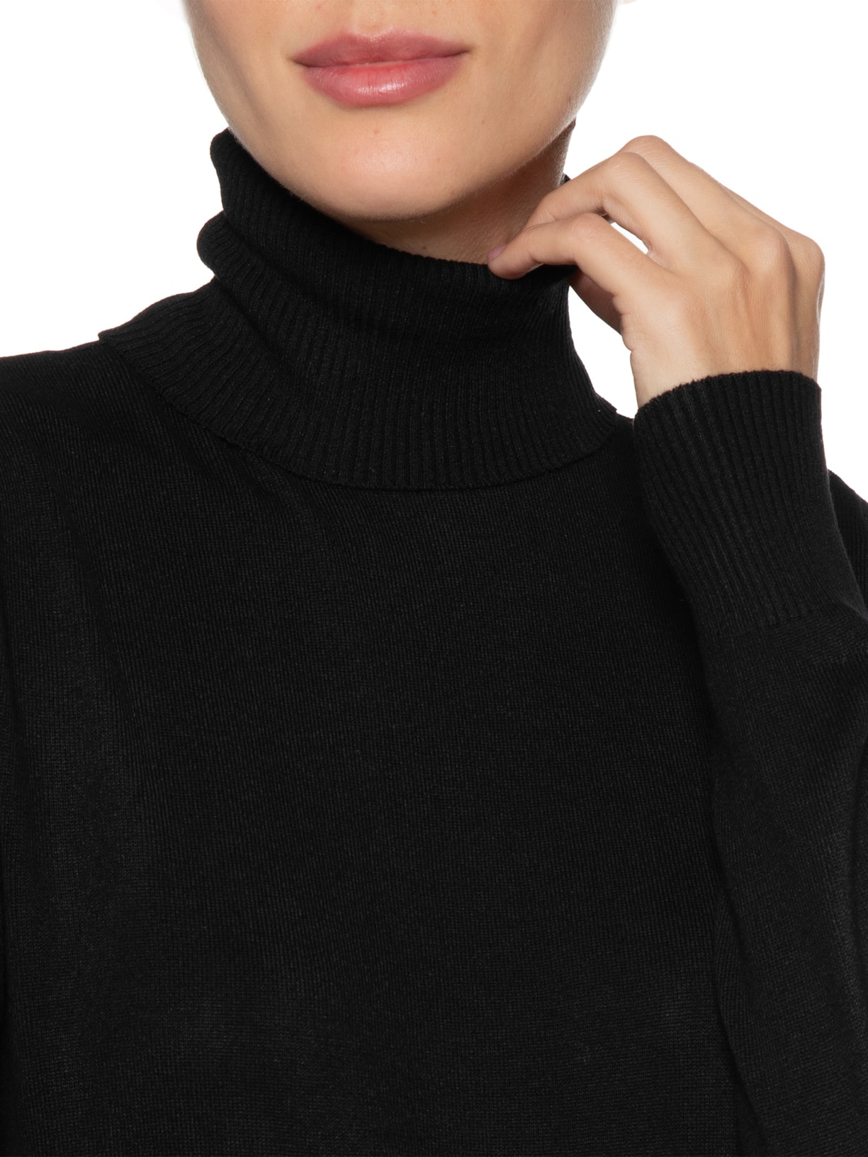 Blusa Feminina Tricot Básico Gola Alta Preto Shoulder