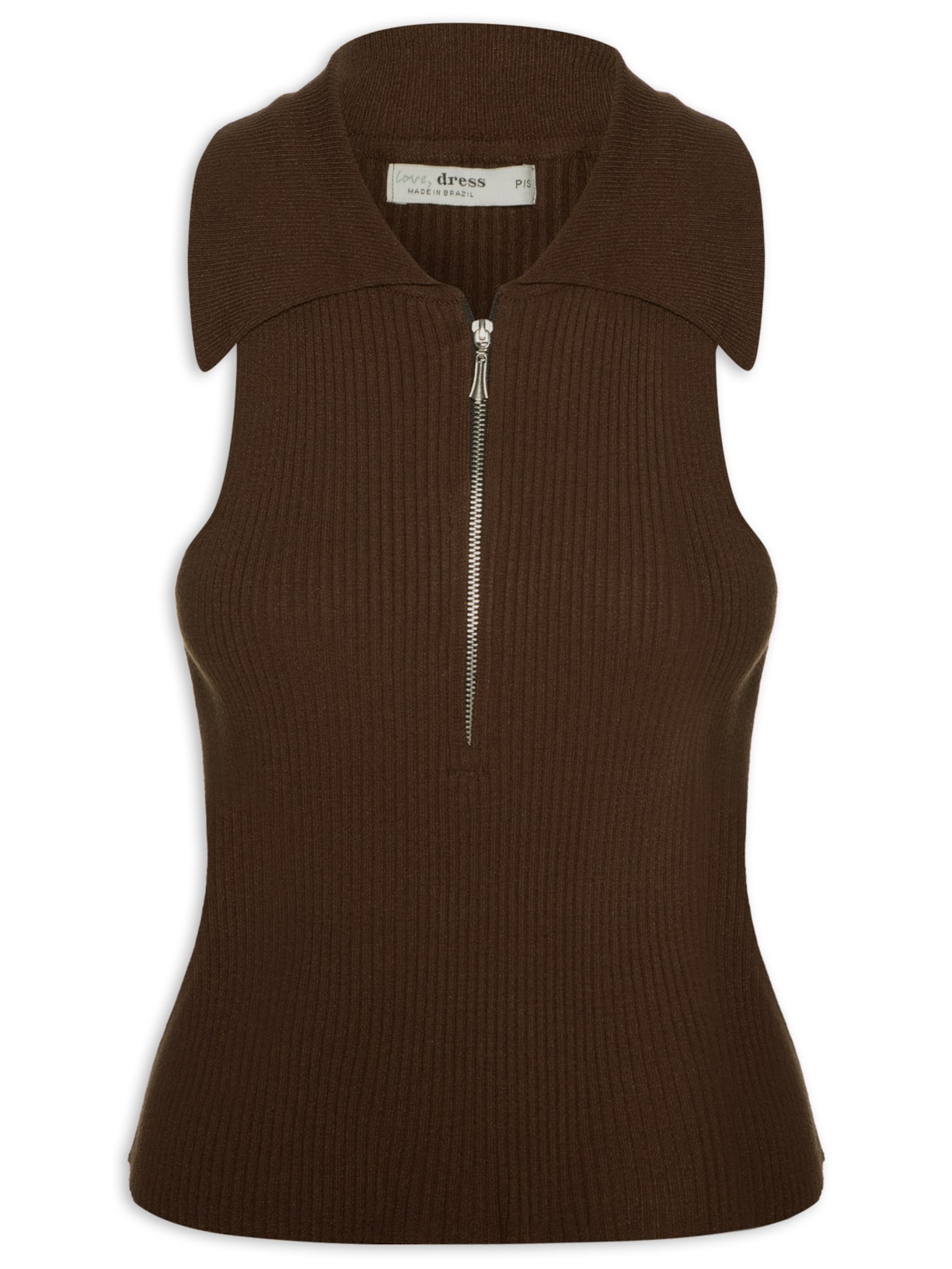 Blusa Feminina Tricot Canelada Com Zíper - Marrom