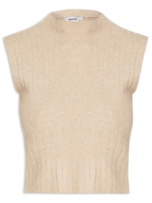 Blusa Feminina Tricot Canelada Sem Manga - Bege