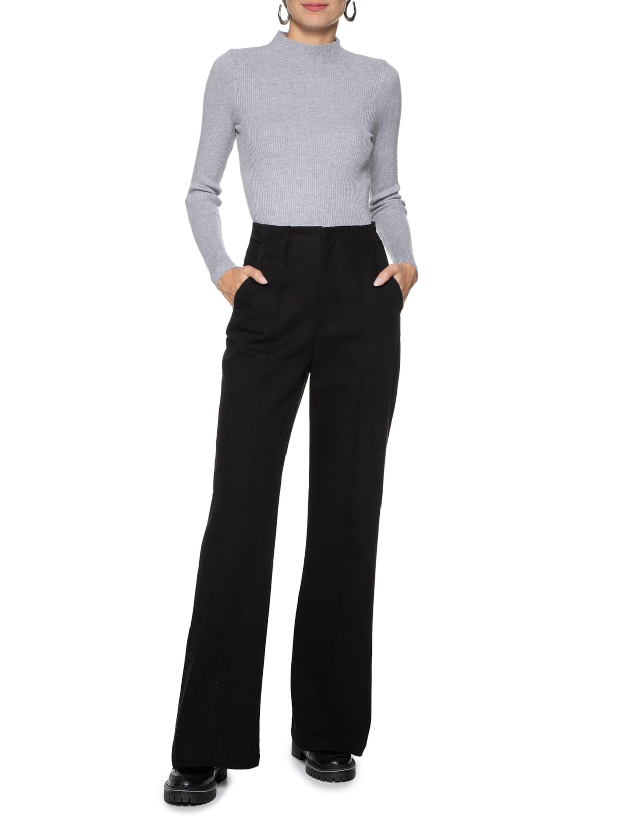 Blusa Feminina Tricot Canelado Cinza Basiq