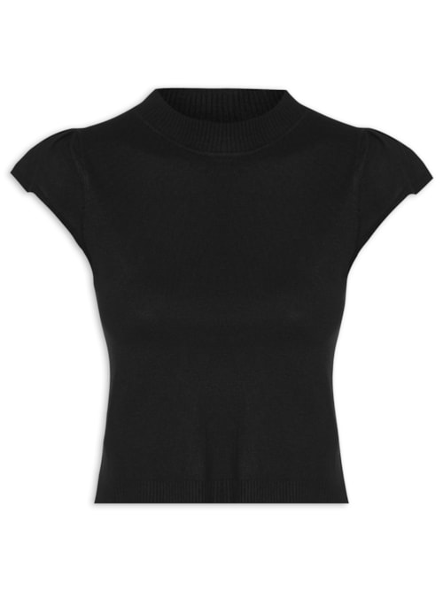 Blusa Feminina Tricot com Manga Curta Gola Alta - Preto