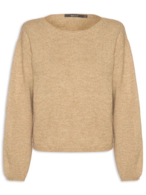 Blusa Feminina Tricot Cropped Gola Canoa - Bege