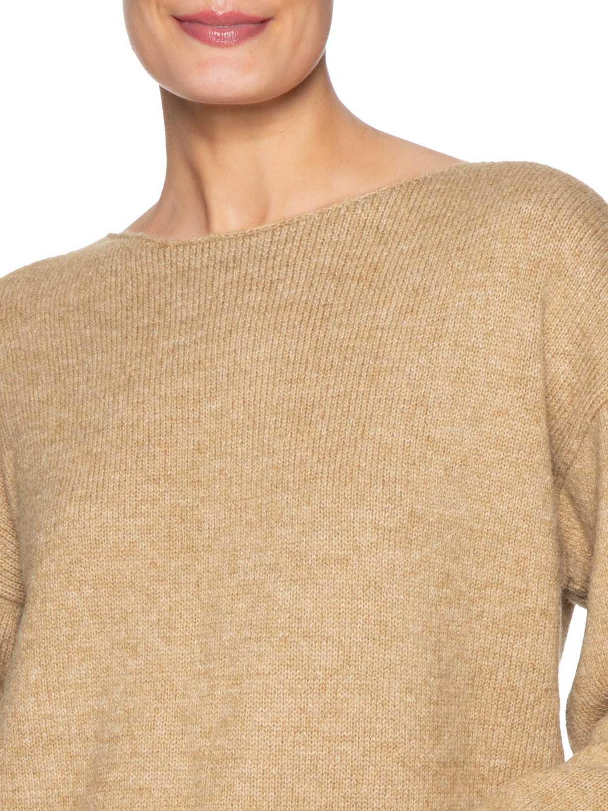 Blusa Feminina Tricot Cropped Gola Canoa Bege Maria Filó