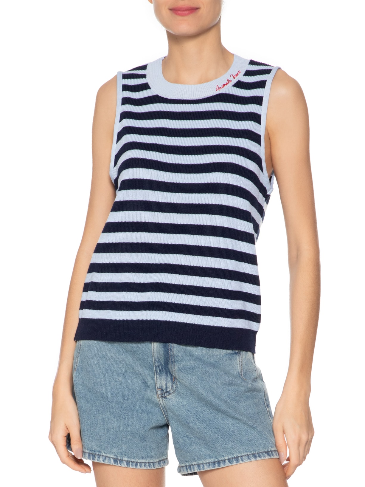 Blusa Feminina Tricot Detalhe Gola Azul Animale Jeans