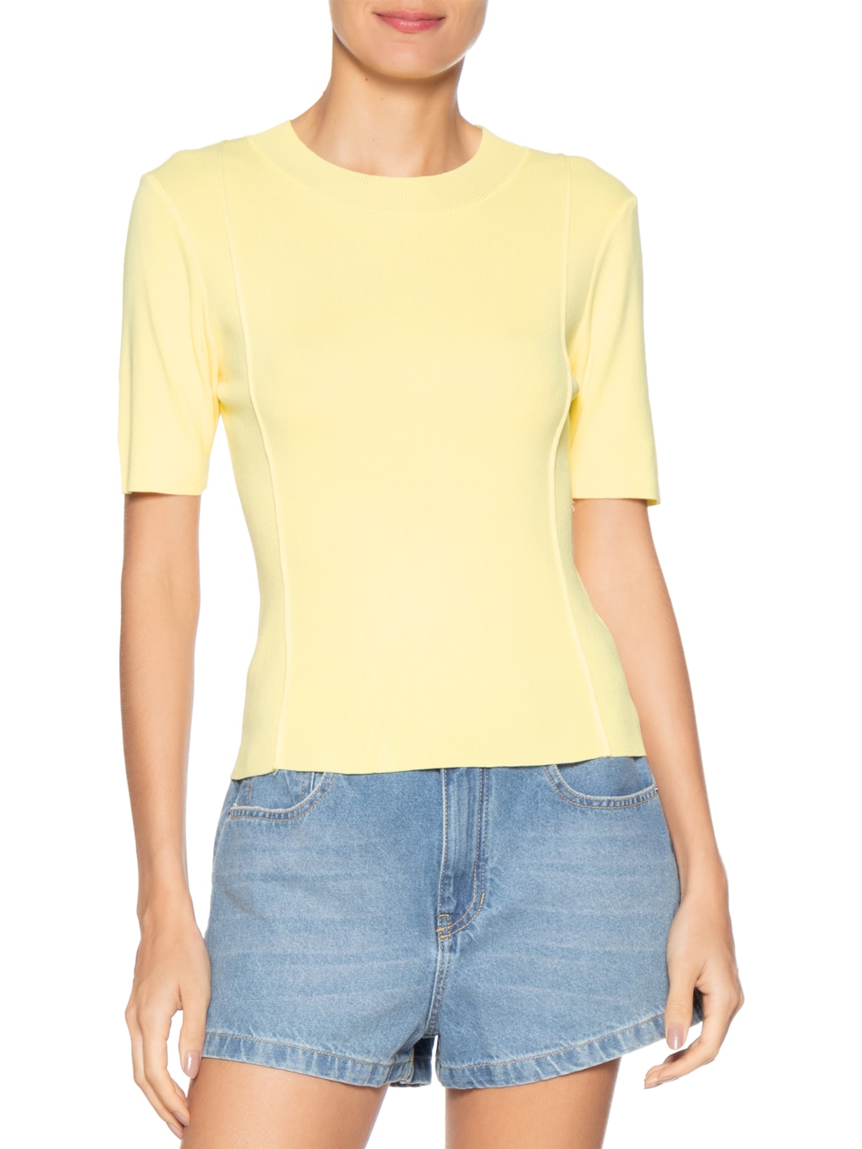 Blusa Feminina Tricot Detalhe Nervura Amarelo Basiq