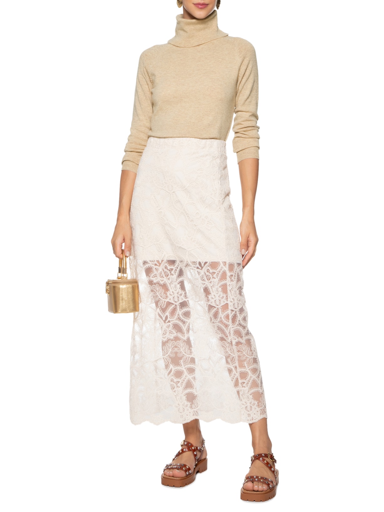 Blusa Feminina Tricot Gola Alta Bege Mixed