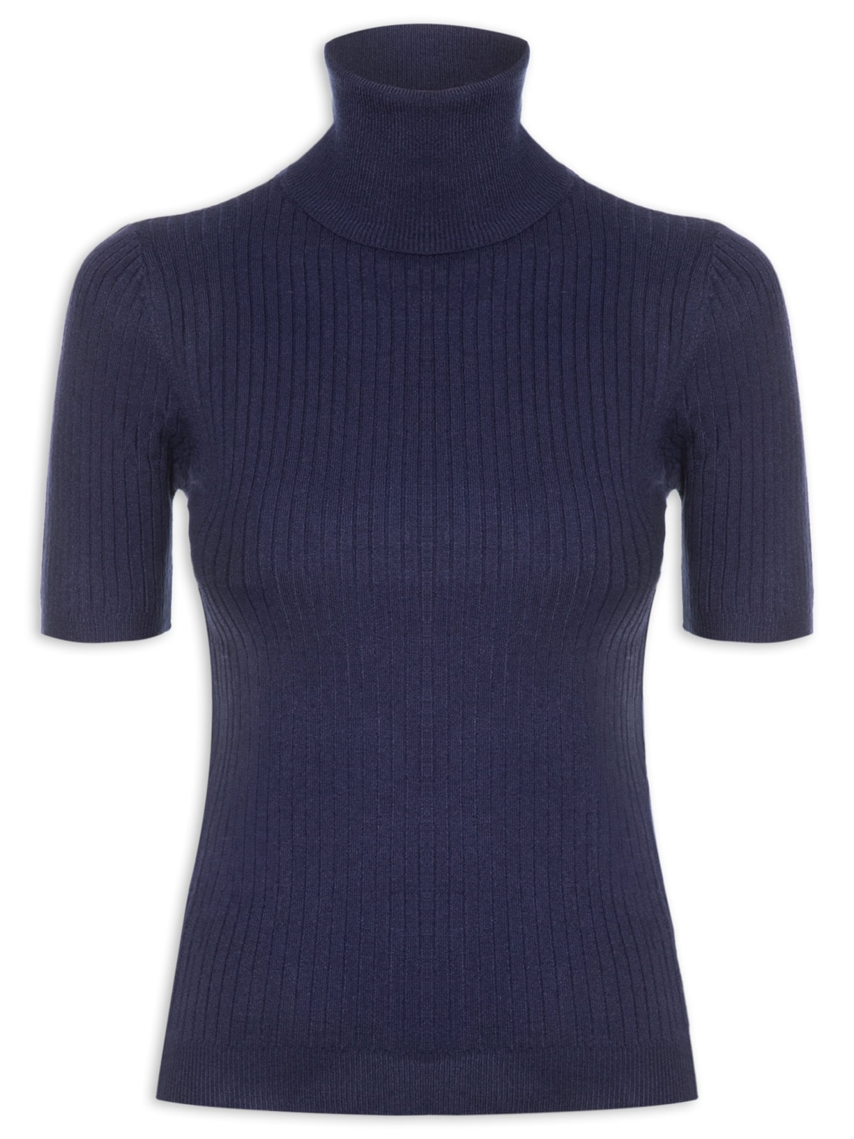 Blusa Feminina Tricot Gola Alta Canelada Manga Curta - Azul